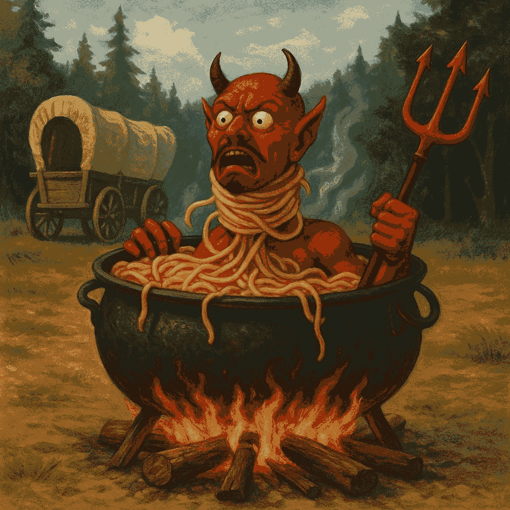 image of Devil being strangled to death by spaghetti